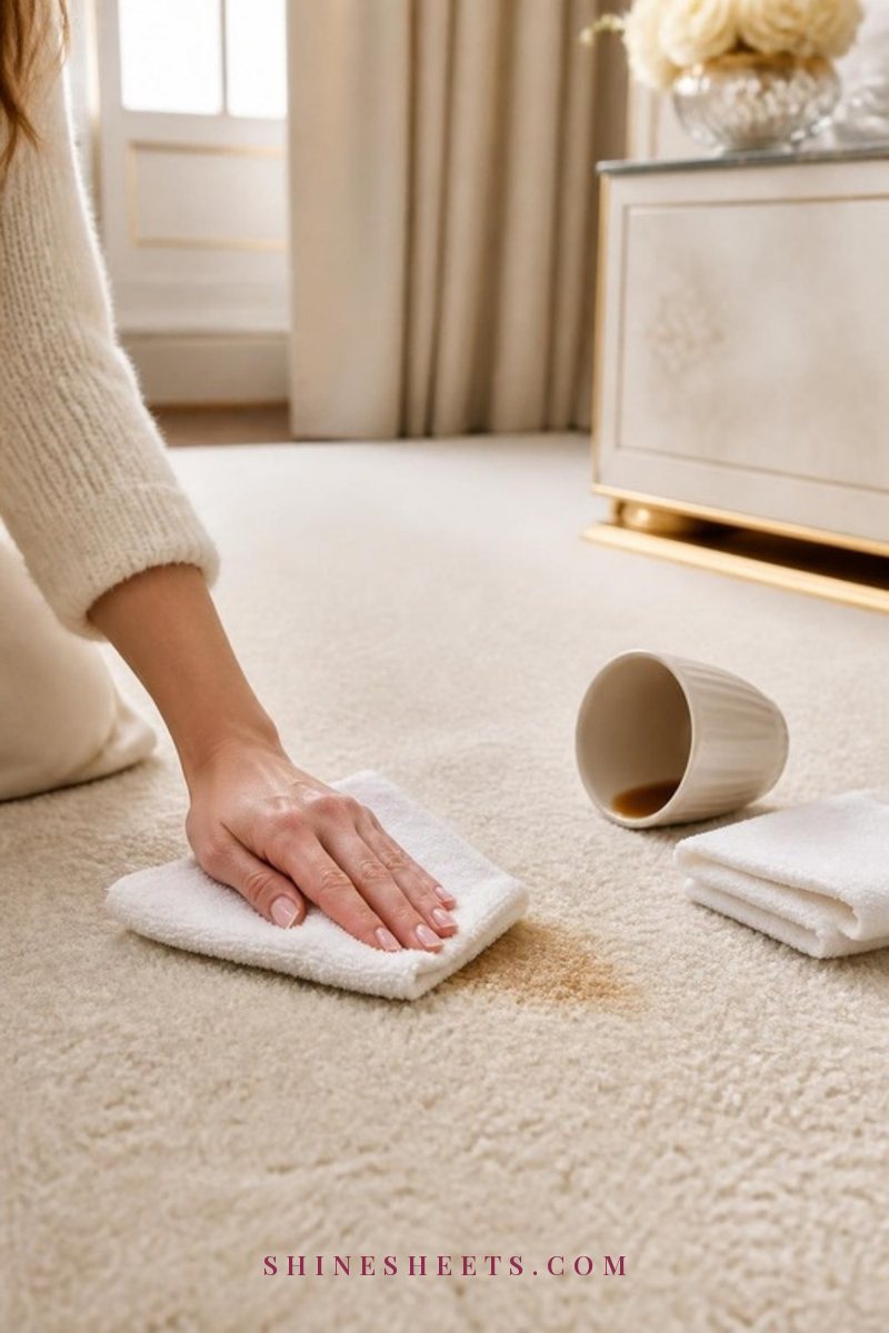 Hand in a cream sleeve blotting a coffee spill on a cream carpet with a folded white microfiber cloth