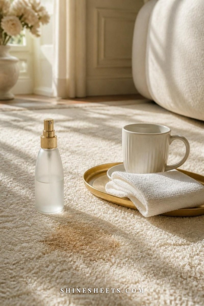White microfiber cloth, a frosted glass spray bottle and a cream mug on a cream carpet beside a faded coffee spot