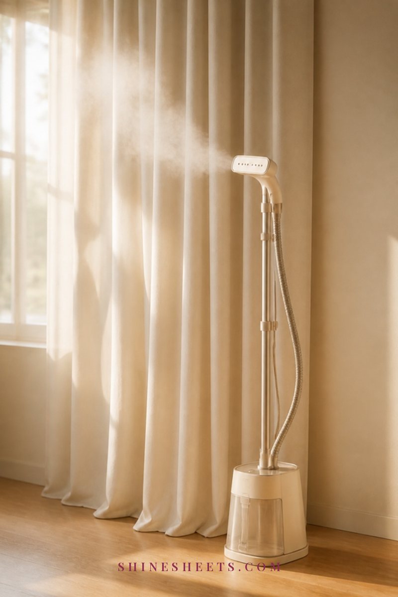 Cream handheld garment steamer releasing soft steam beside smooth ivory curtains in a sunlit room