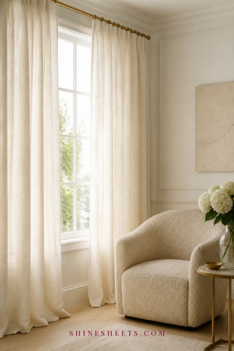 Flowing cream linen curtains hanging from a brass rod beside a bright window in a calm, airy living room