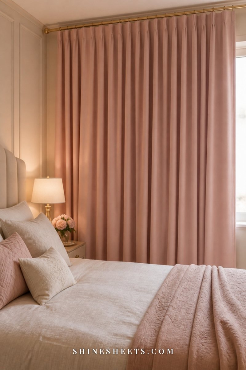 Heavy blush blackout curtains drawn neatly across a bedroom window beside a cream upholstered bed in soft lamplight