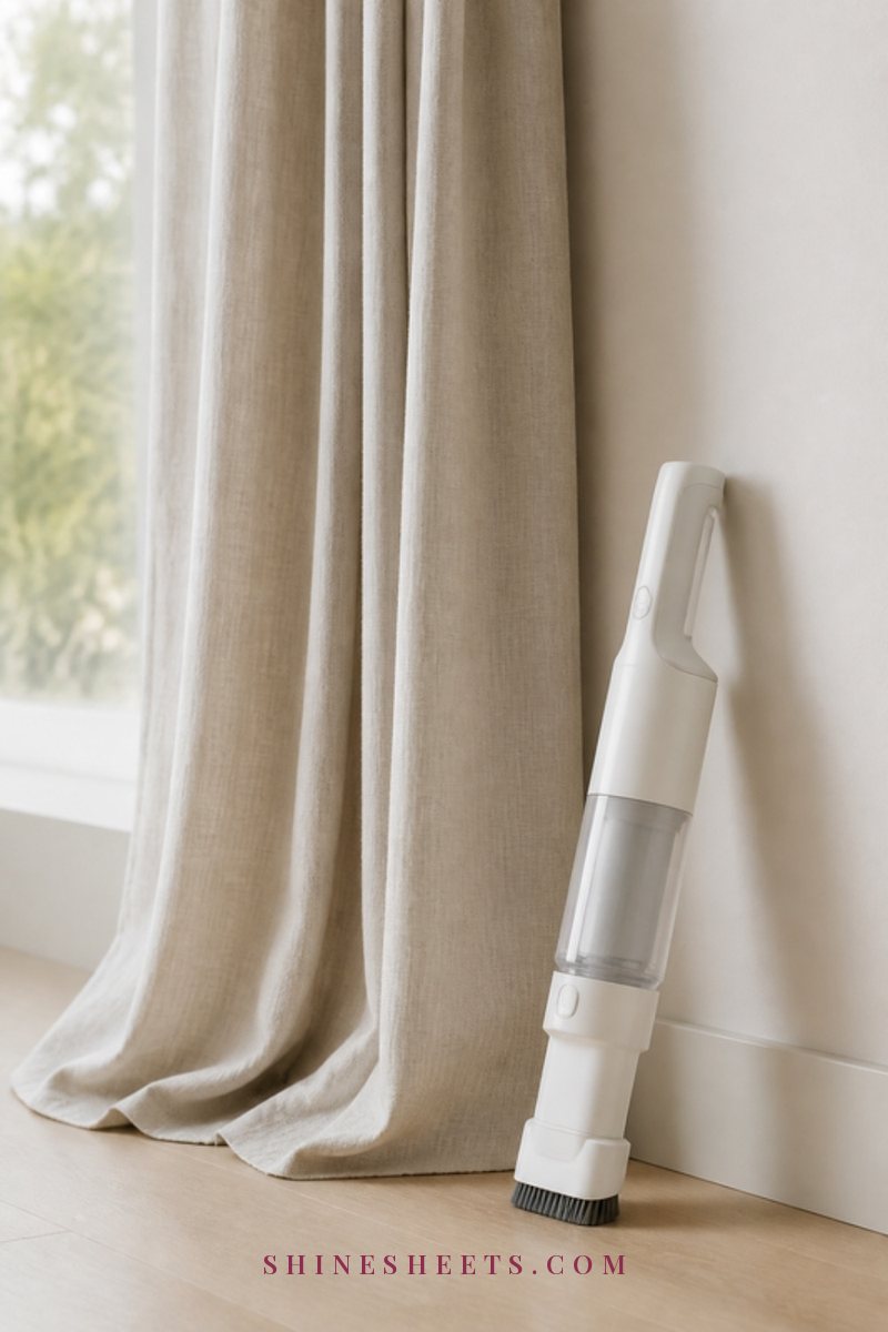 Sleek white cordless handheld vacuum leaning against a cream wall beside long beige linen curtains in a bright room