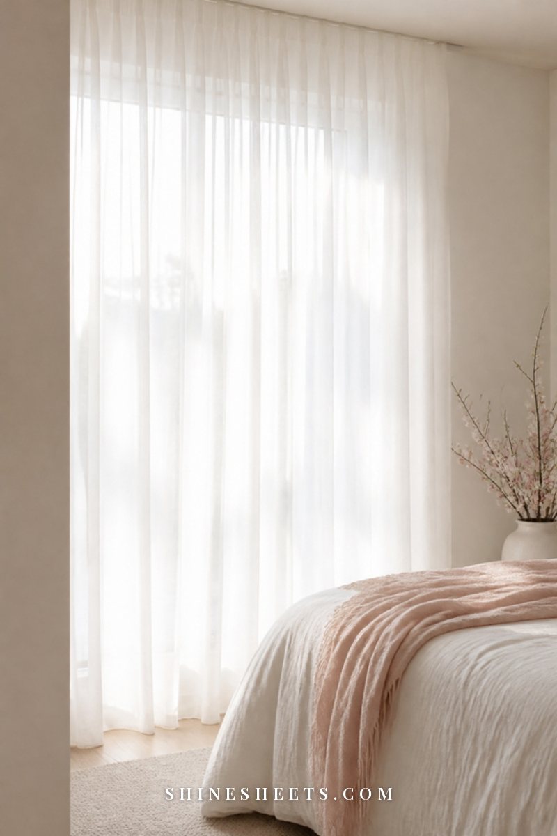 Soft white sheer voile curtains gently diffusing morning sunlight in a bright bedroom with cream walls