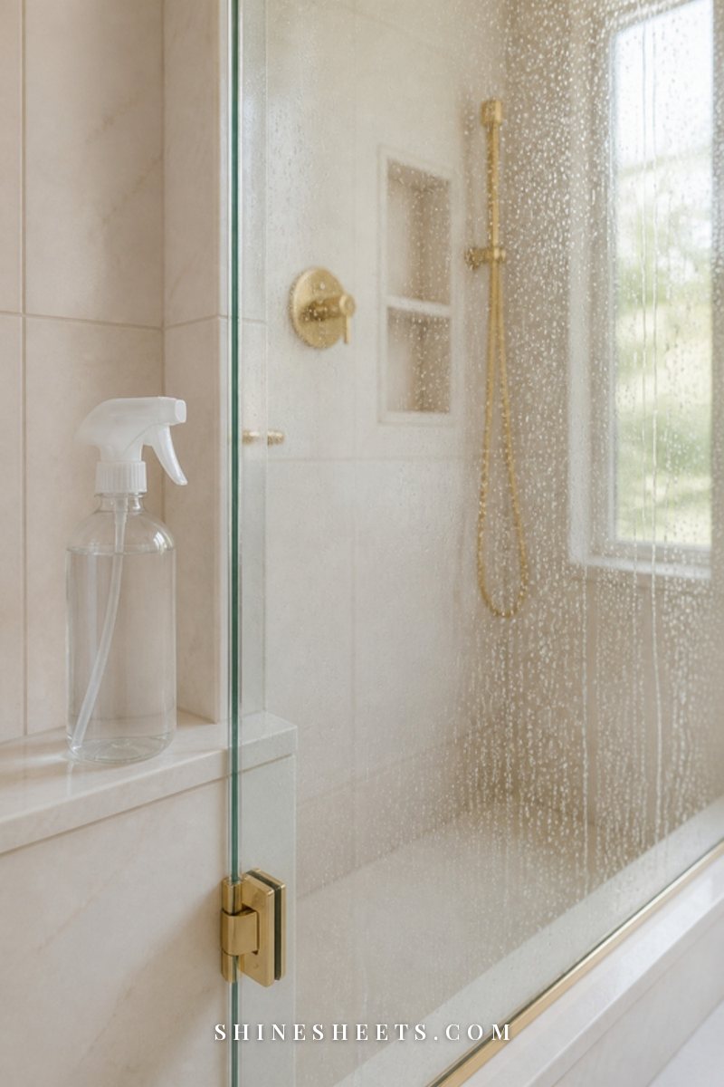 Clear glass spray bottle on a shower ledge beside a glass shower door covered in fine cleaning spray droplets