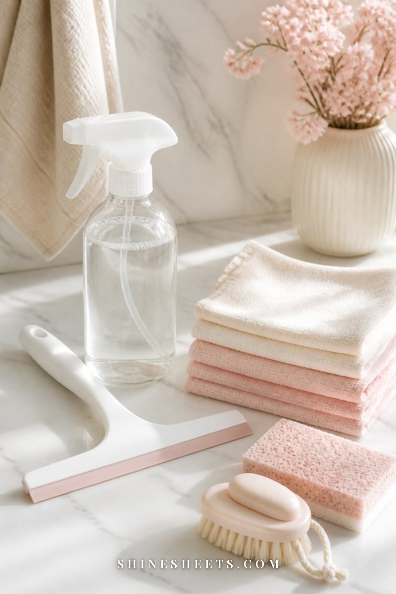 Glass spray bottle, white shower squeegee, folded microfiber cloths and a non-scratch sponge on a white marble bathroom counter