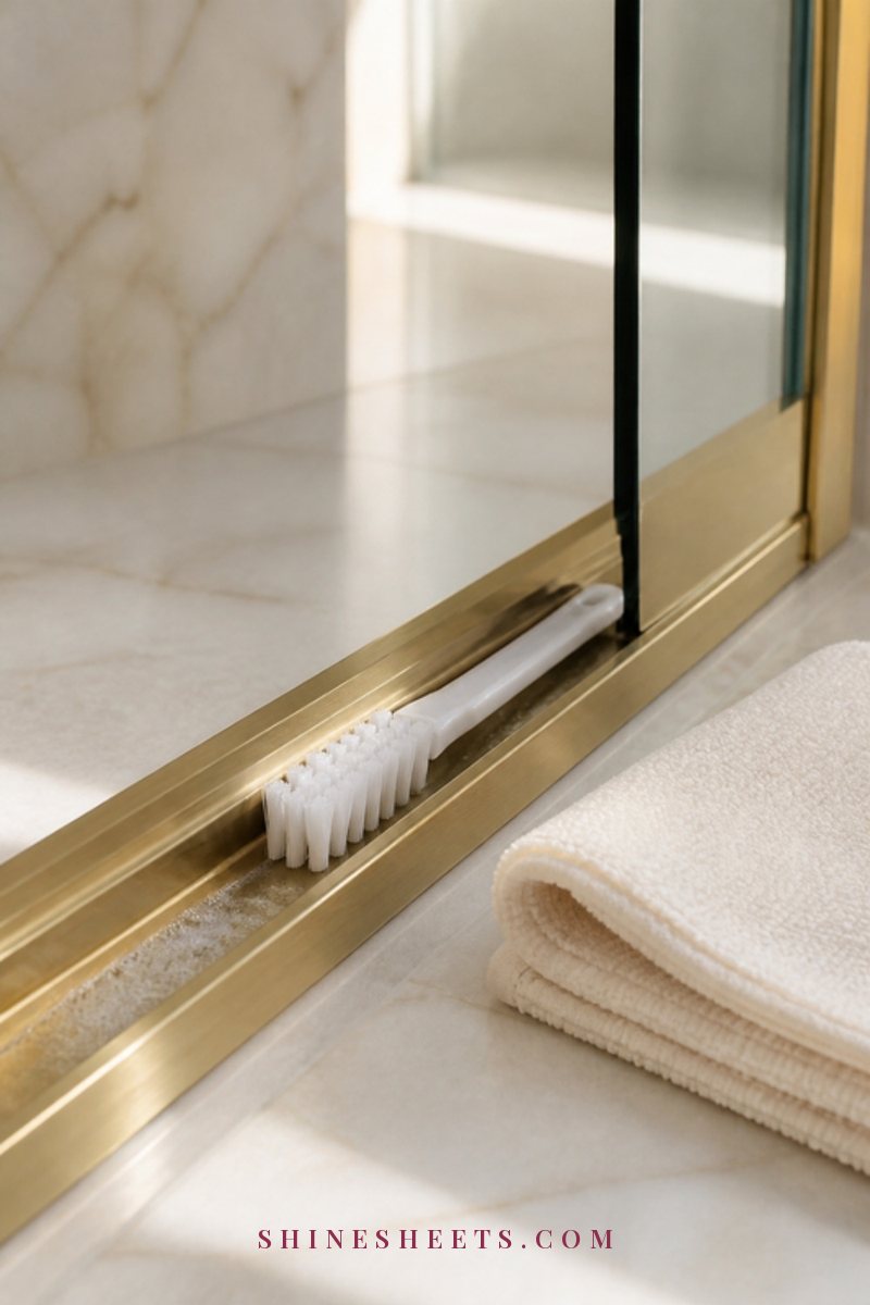 Small white detail brush cleaning the bottom metal track of a glass shower door with a few soap bubbles