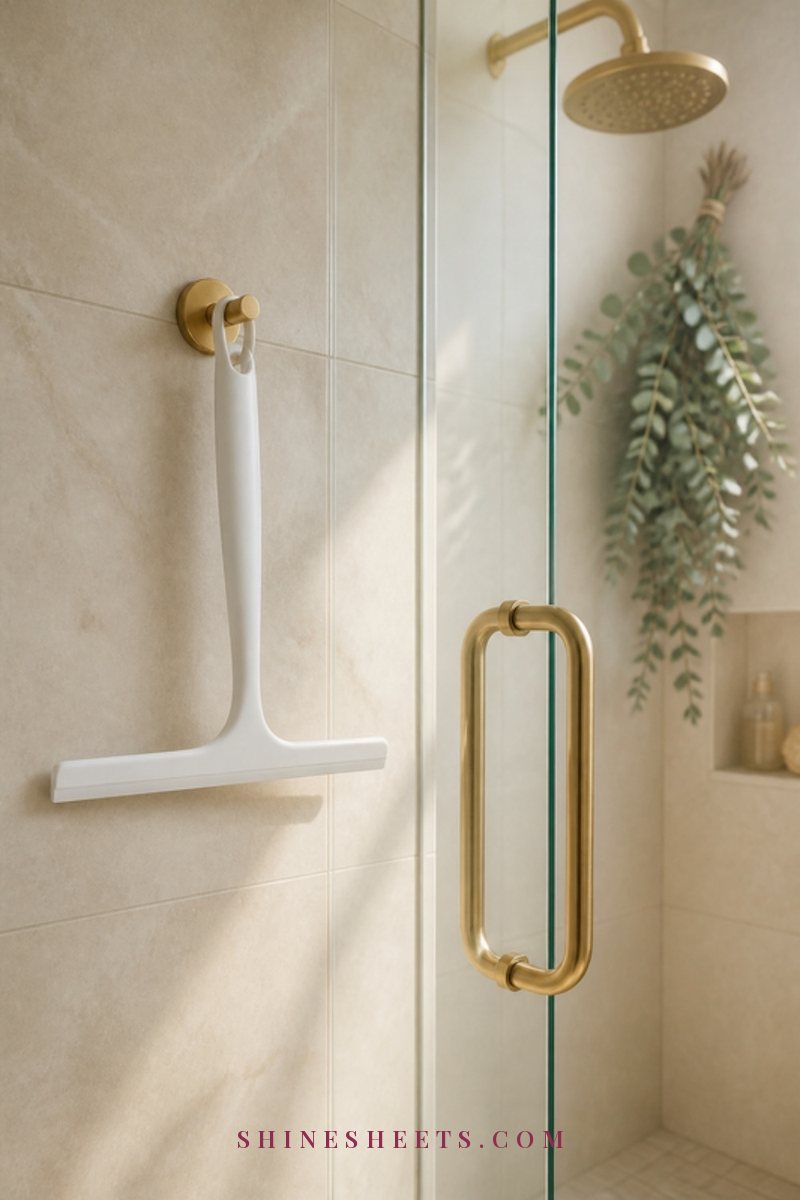 White shower squeegee hanging on a gold hook beside a sparkling clear glass shower door in a bright cream bathroom