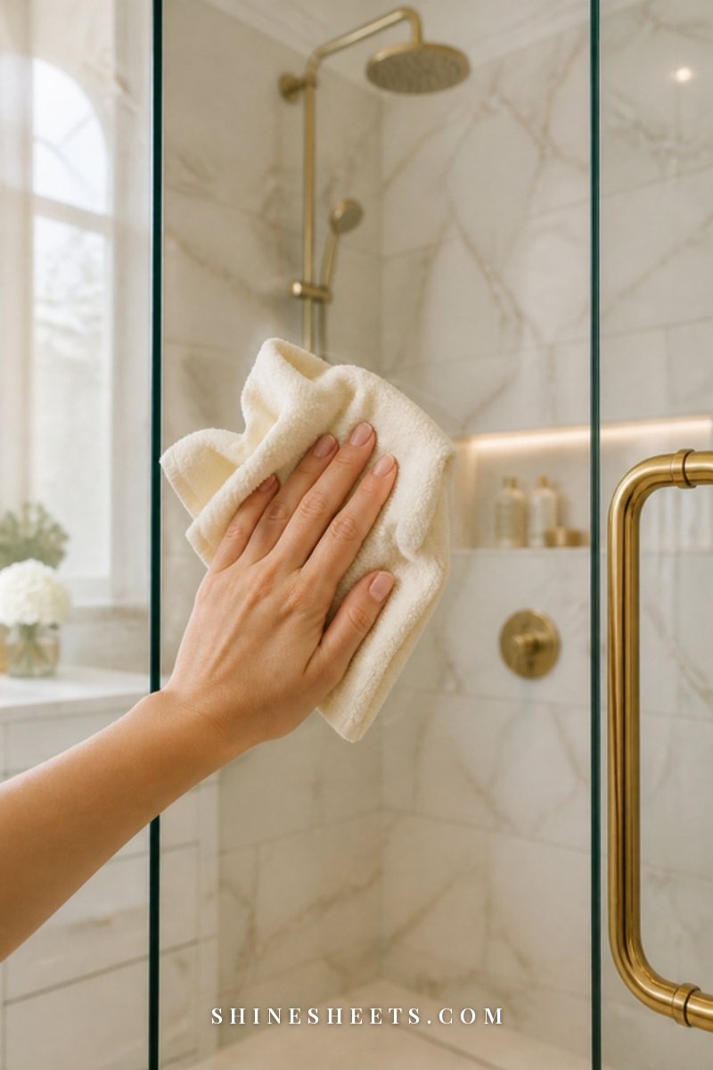 Woman's hand with natural nails buffing a sparkling clear glass shower door with a soft cream microfiber cloth