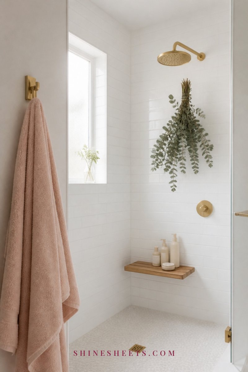 Bright white shower with clean grout lines, a blush towel on a gold hook and a eucalyptus bundle hanging from the shower head