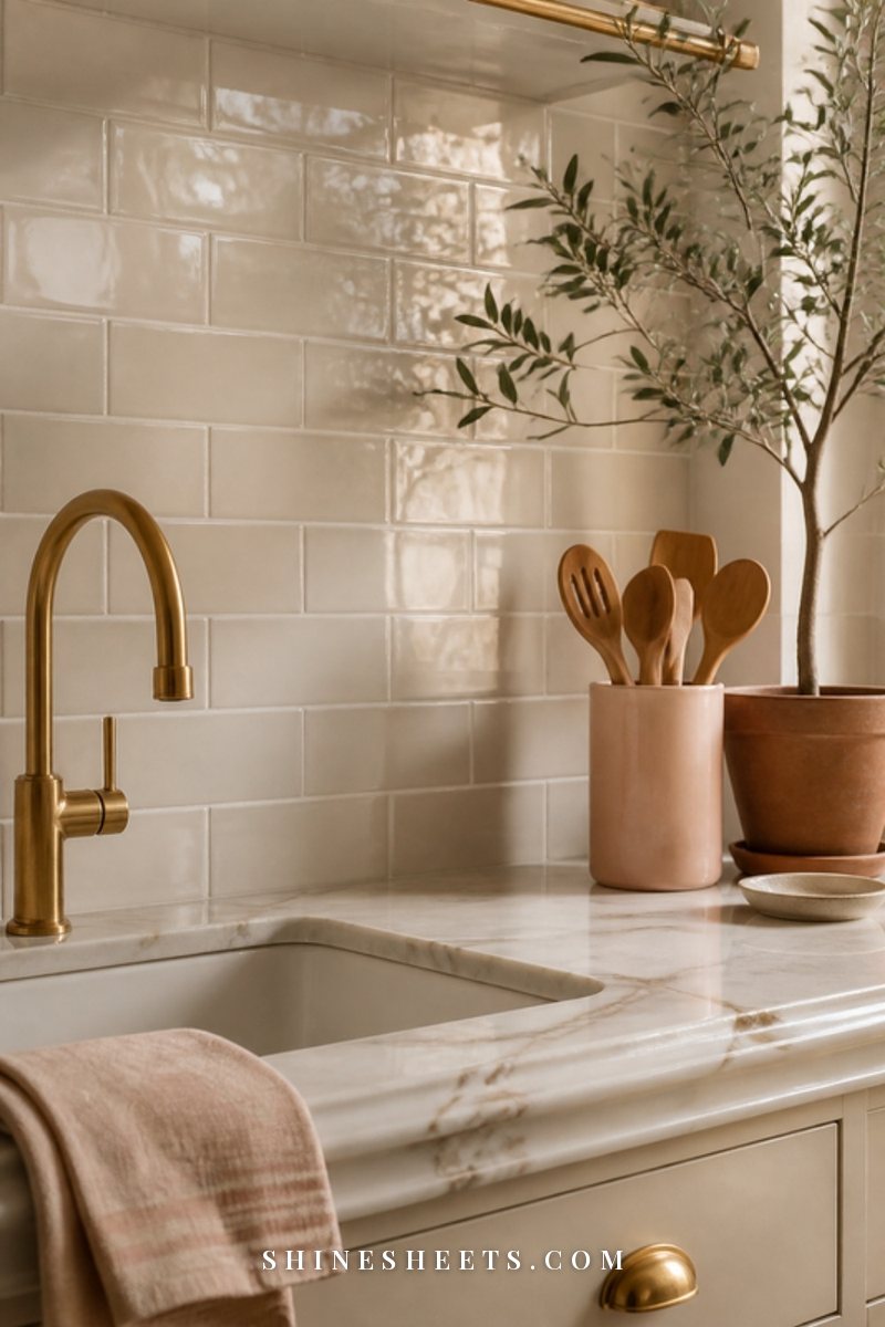 Cream subway tile backsplash with clean bright grout behind a marble counter with a brass faucet and a blush ceramic jar