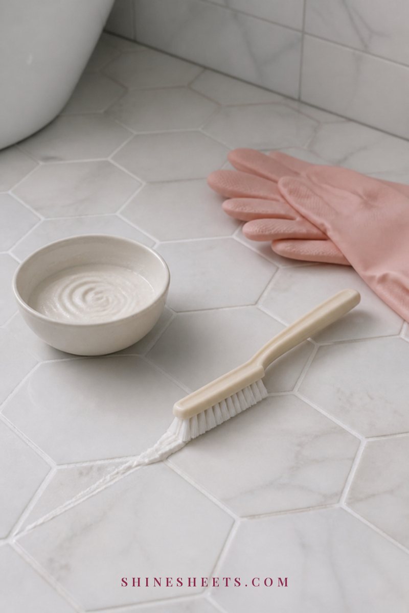 Narrow cream grout brush resting on a white tiled floor beside a small bowl of white paste, bright clean bathroom
