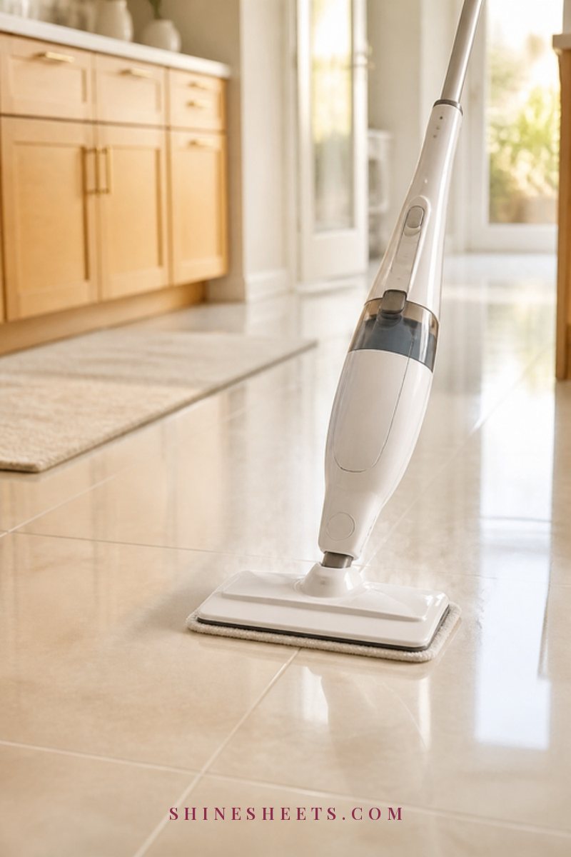 White steam mop on a glossy cream tiled kitchen floor with clean bright grout lines and soft daylight