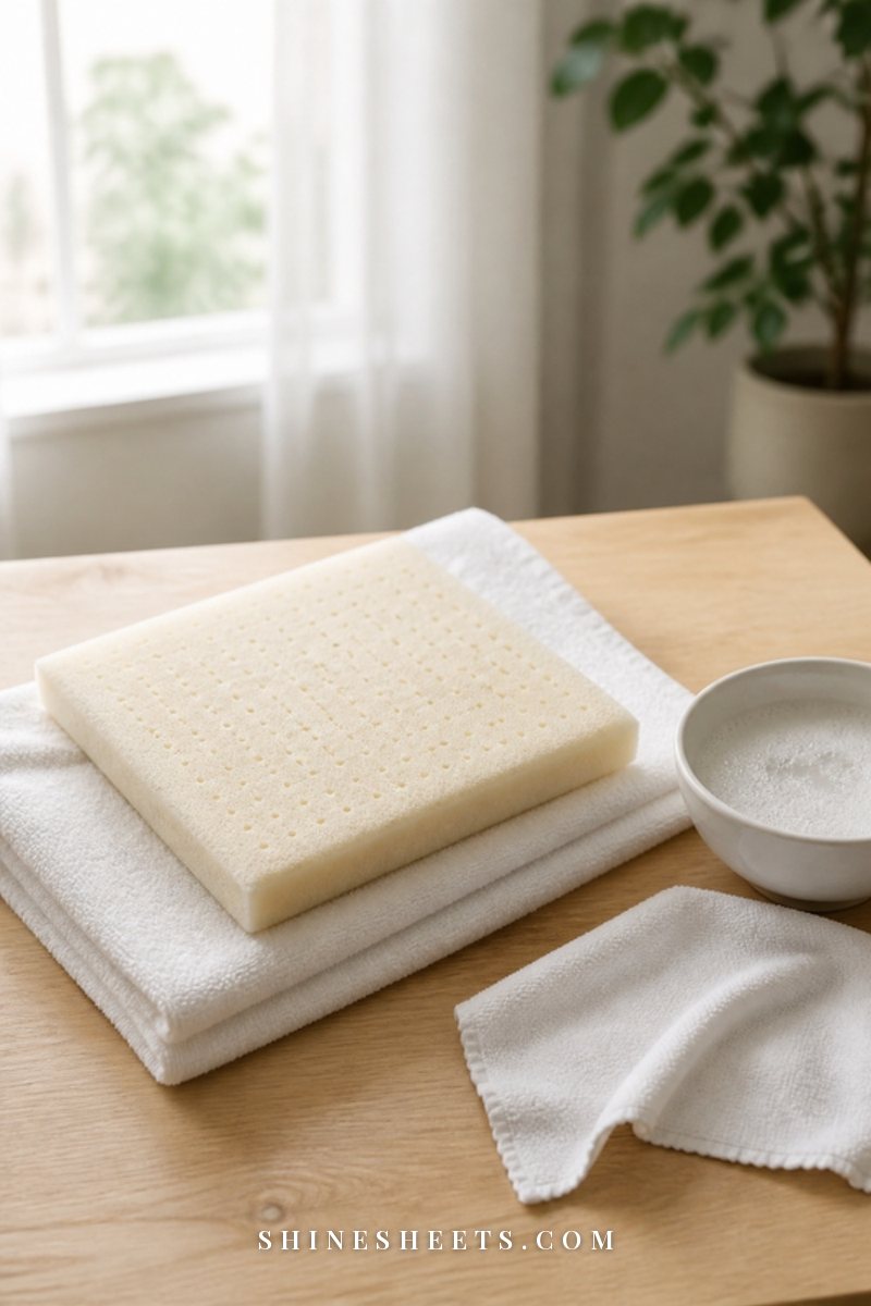 Cream foam pillow insert on a white towel beside a small bowl of soapy water and a soft white cloth in a bright room