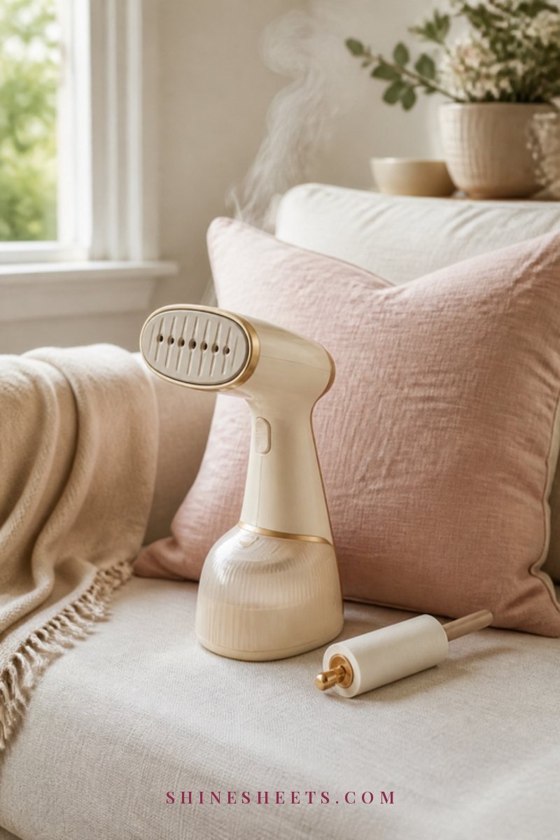 Cream handheld garment steamer resting beside a blush linen throw pillow on a white sofa in bright, soft light
