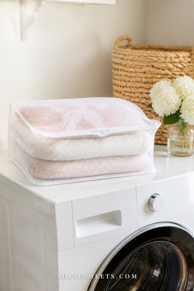 Folded blush and cream throw pillow covers inside a white mesh laundry bag on top of a white washing machine in a bright laundry room