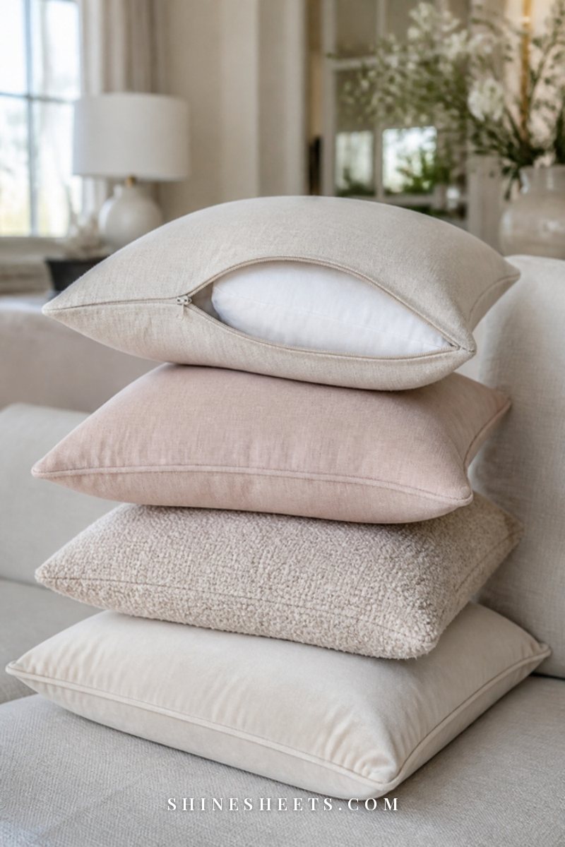 Stack of cream, blush and beige throw pillows on a white linen sofa in soft natural light, one cover partly unzipped