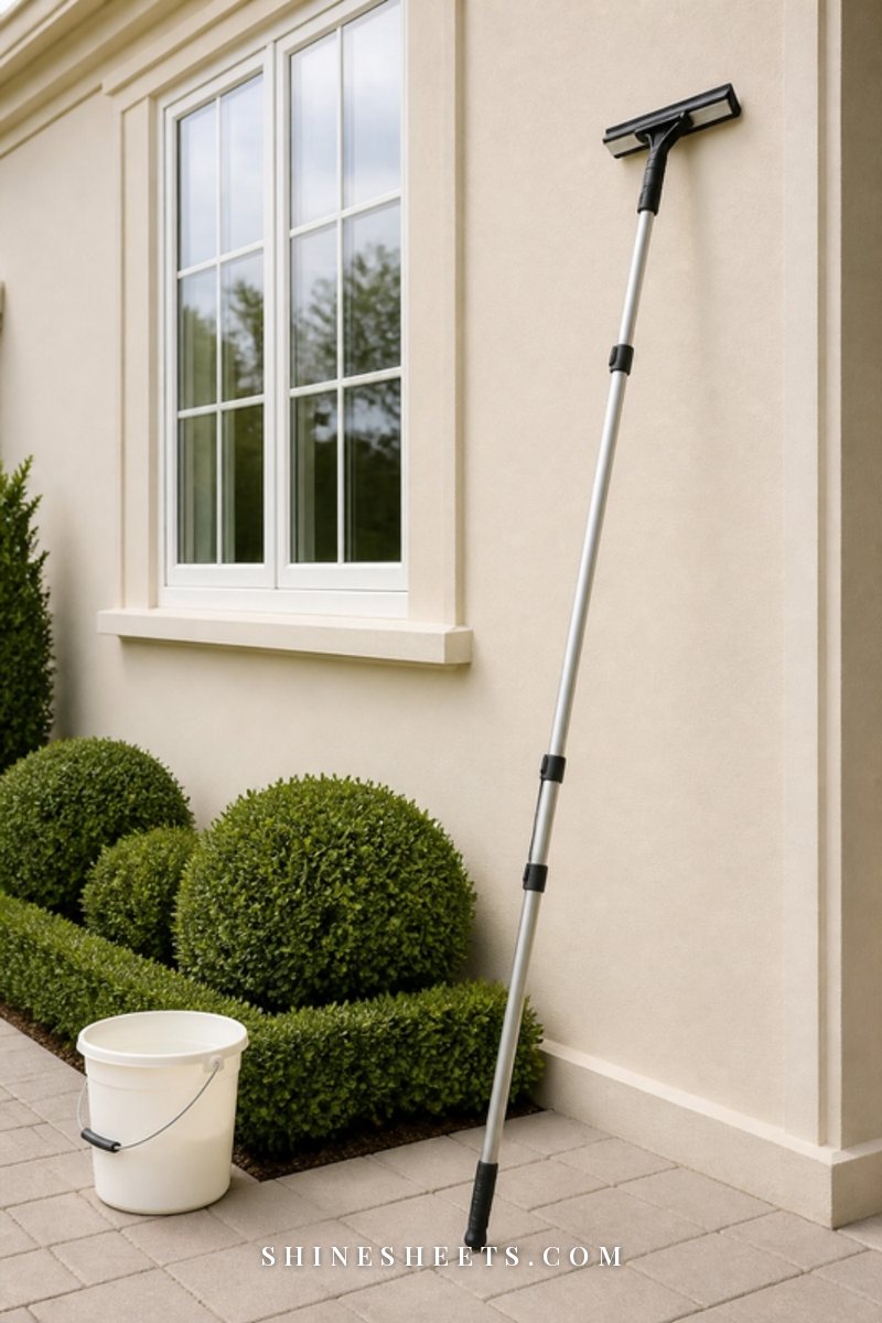 Long extension pole with a squeegee attached leaning against a cream house wall beside a clean ground-floor window