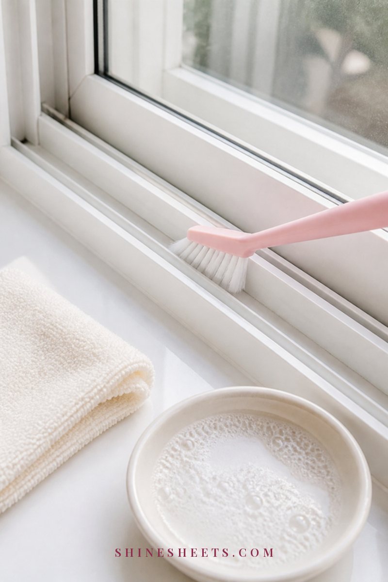 Narrow window track cleaning brush resting in a clean white sliding window track with a folded cream cloth on the sill