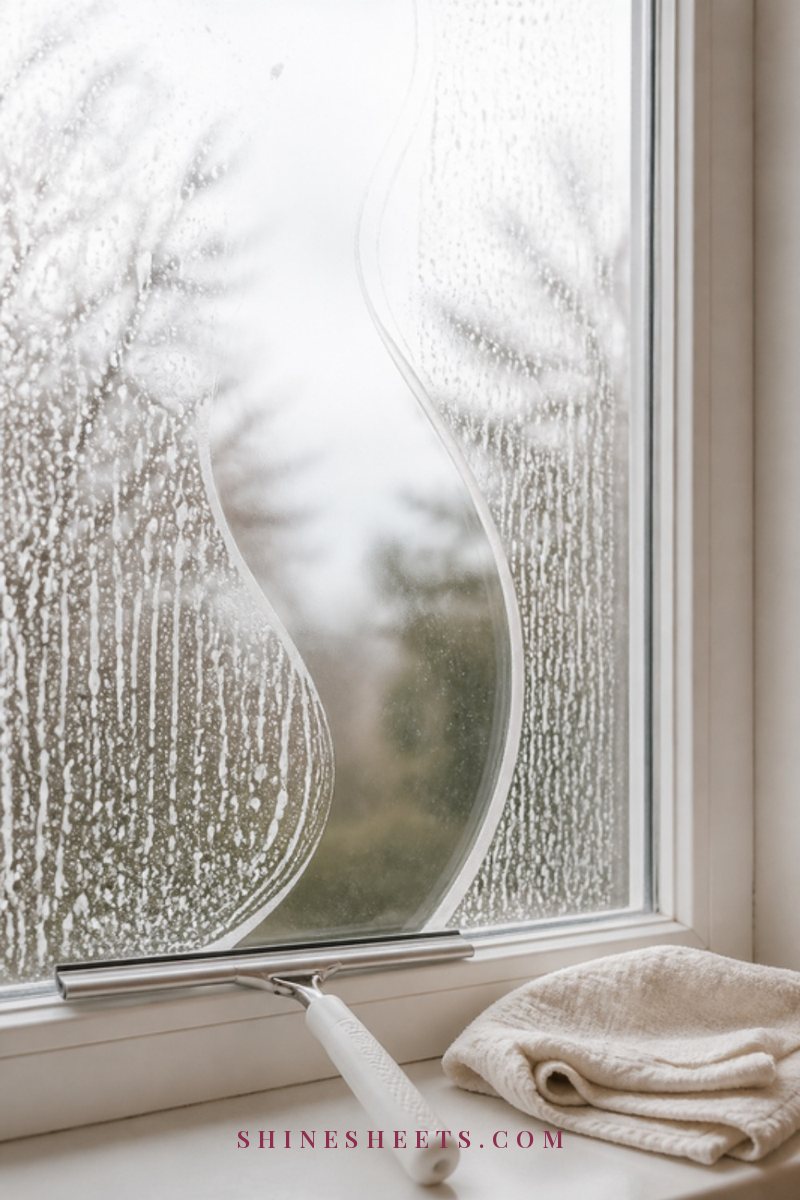 Rubber window squeegee resting on wet, partly cleaned glass with a clear S-shaped stripe through soft soap suds