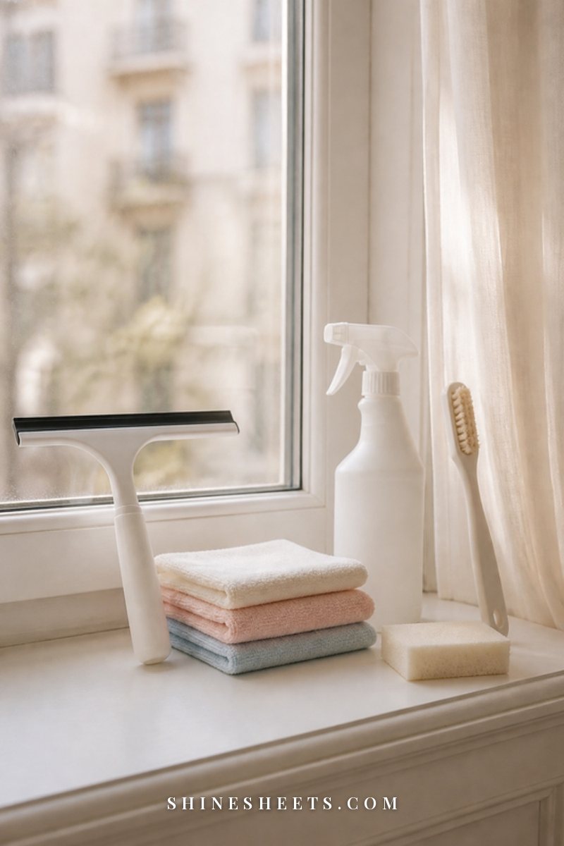 Window cleaning tools including a squeegee, folded microfiber cloths, a spray bottle and a small brush on a white windowsill