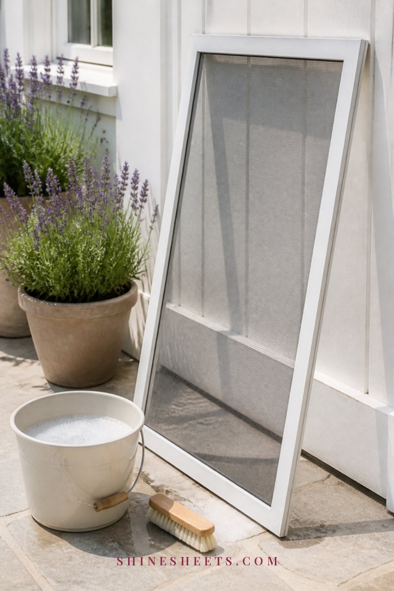 Window screen leaning against a white wall on a sunny patio beside a bucket of soapy water and a soft brush