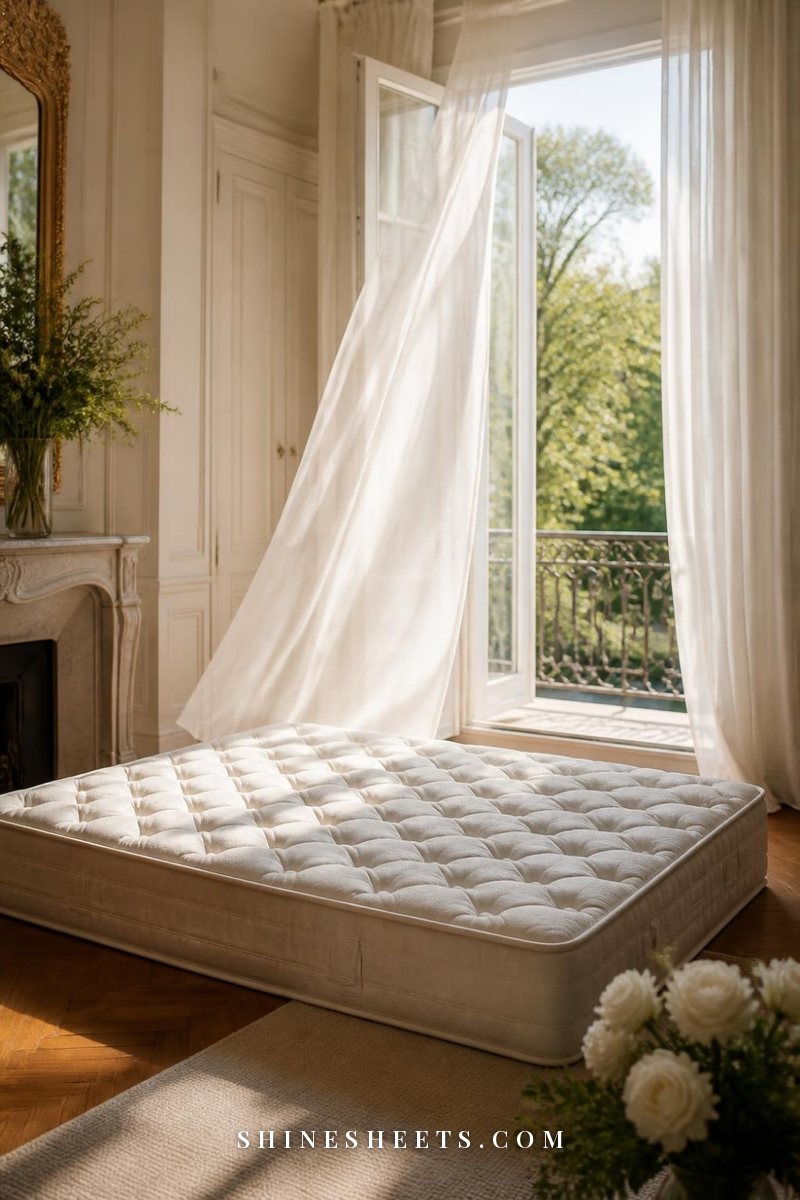 Bare mattress airing out in a sunny bedroom with open windows