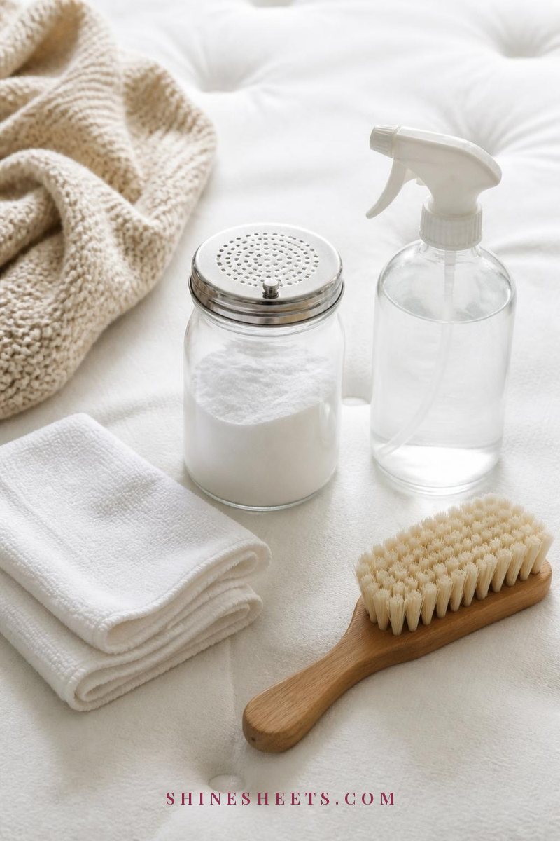 Mattress cleaning supplies: baking soda, a spray bottle, white cloths and a soft brush