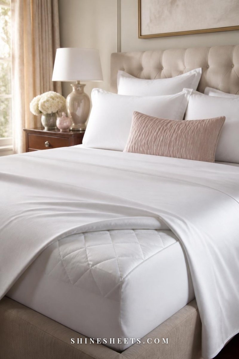 Freshly made bed with a white mattress protector visible at the corner