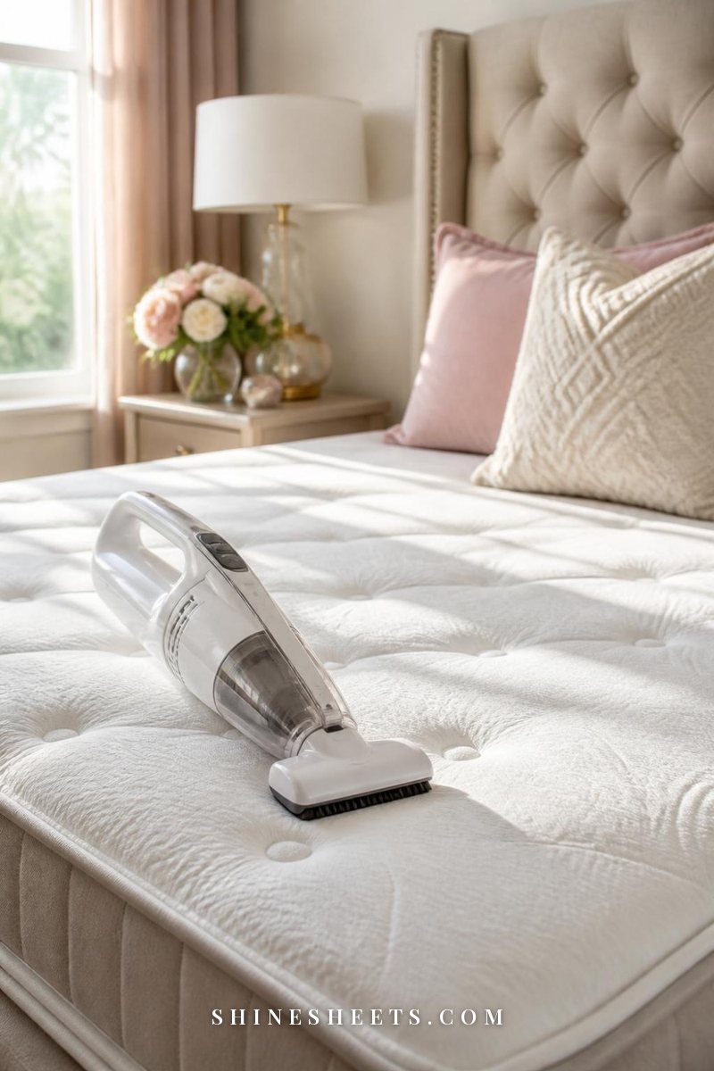 Handheld vacuum with upholstery tool resting on a bare mattress