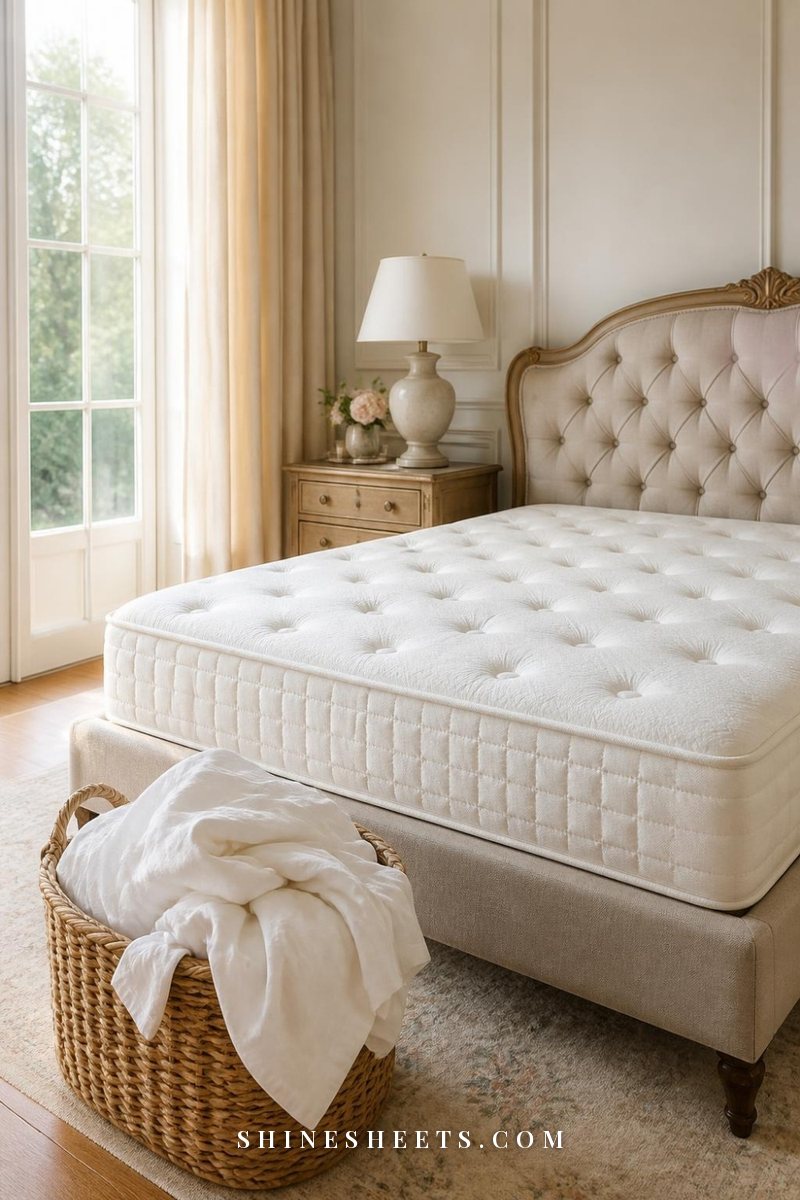 Stripped bare mattress with bedding gathered in a laundry basket beside it