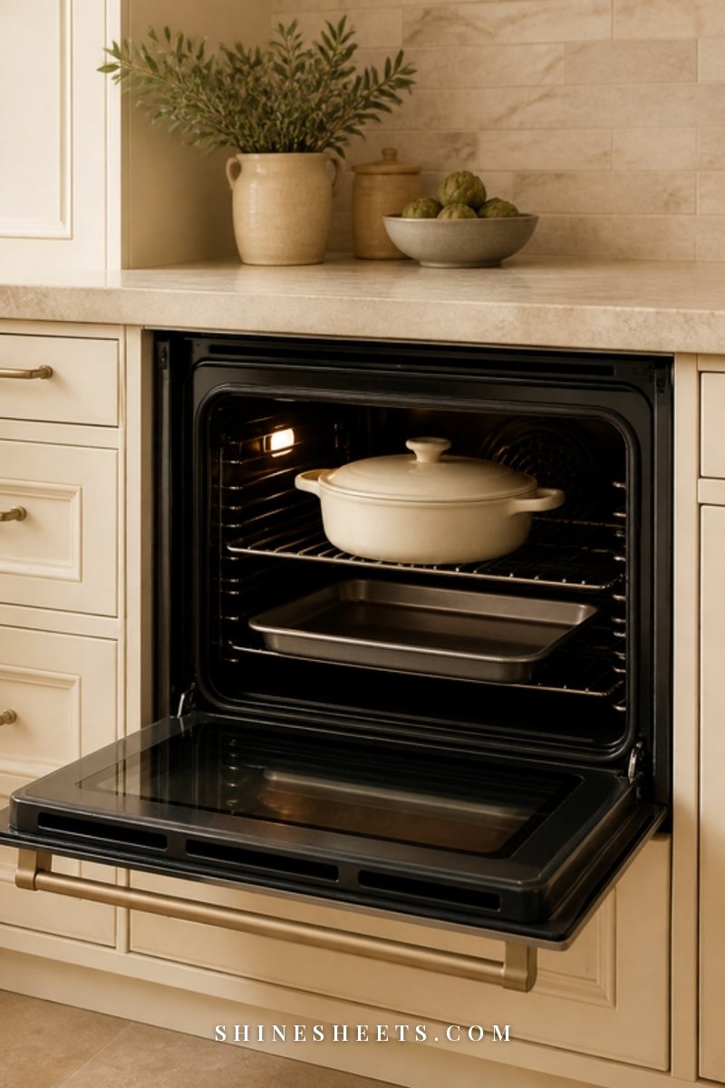 Clean oven with a baking dish sitting on a sheet pan on the lower rack in a bright cream kitchen