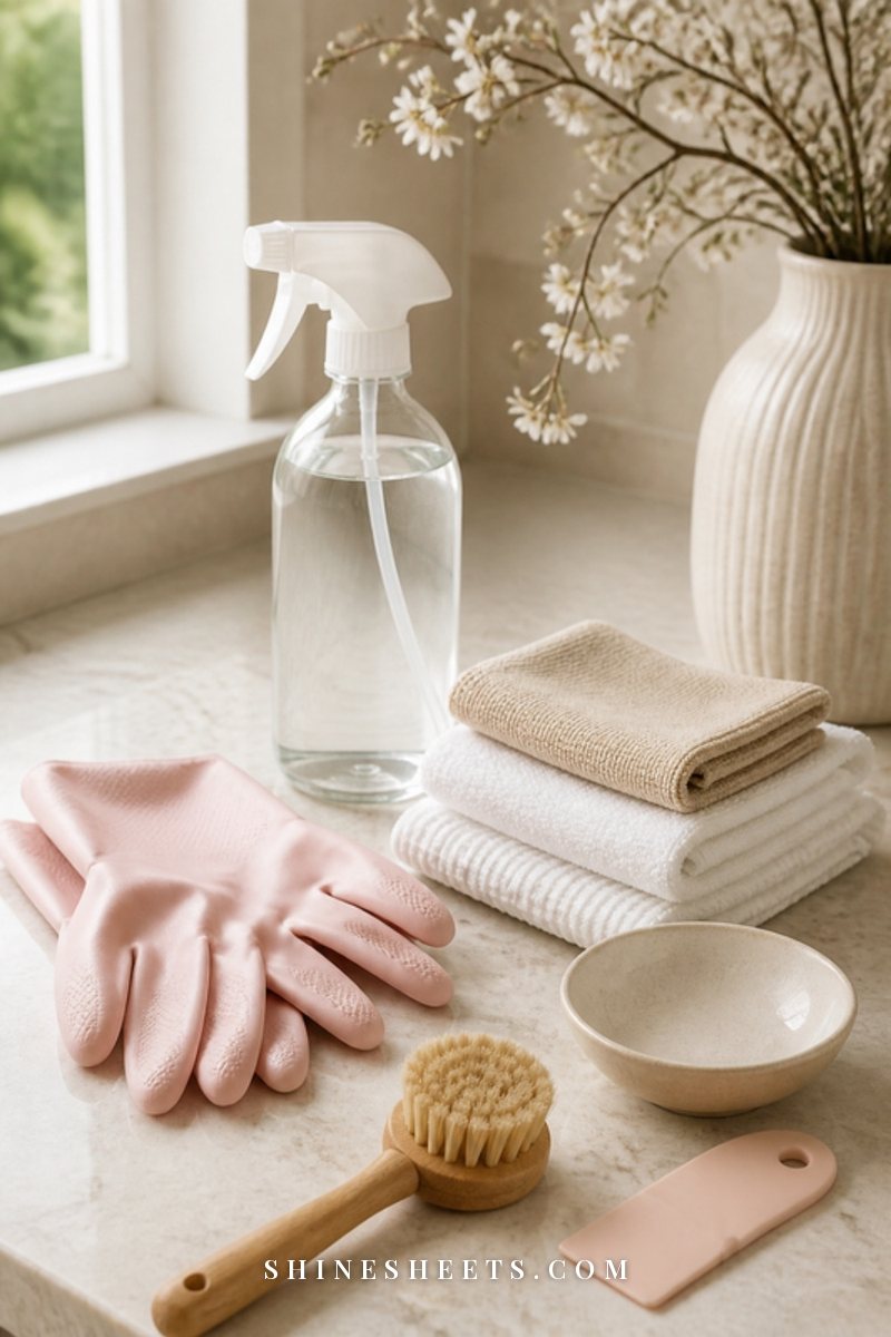 Cleaning supplies for a natural oven clean on a cream counter: glass spray bottle, pink gloves, microfiber cloths and a scrub brush