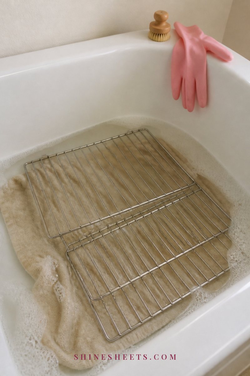 Oven racks soaking in a white bathtub lined with a beige towel, warm soapy water and a scrub brush resting on the edge