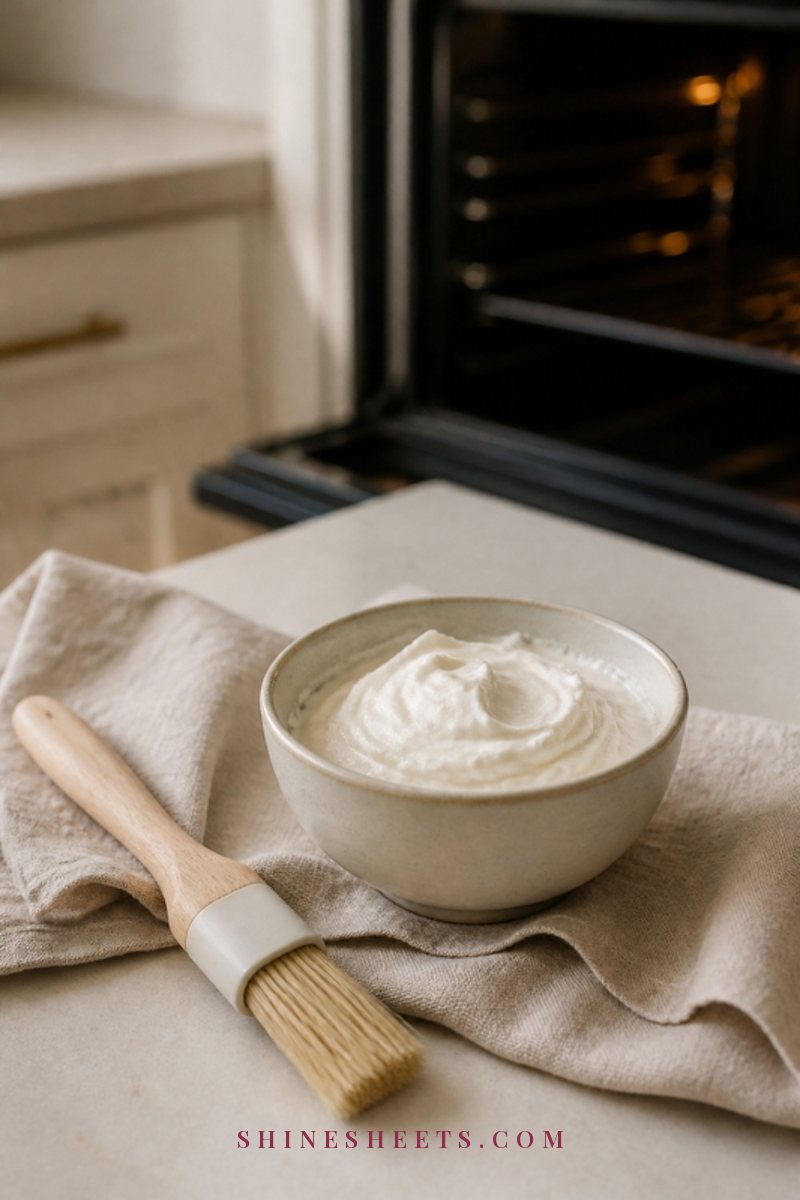 Small cream ceramic bowl of white baking soda paste with a soft brush beside it on a linen cloth near a clean oven