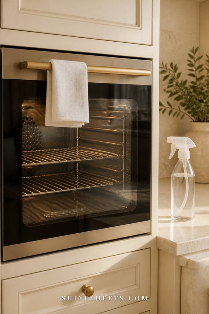 Sparkling clean oven door glass in a cream kitchen with a folded microfiber cloth and a glass spray bottle on the counter