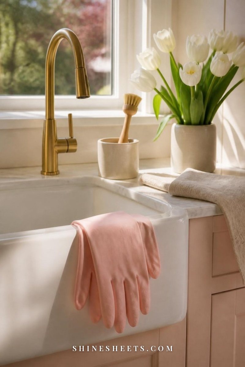 A bright tidy kitchen counter with a cream dish towel, a glass soap dispenser and a small vase of white tulips