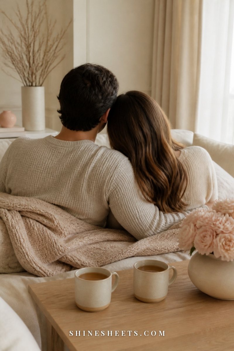 A couple seen from behind sitting close together on a cream sofa with a soft blanket, two mugs of tea on the coffee table