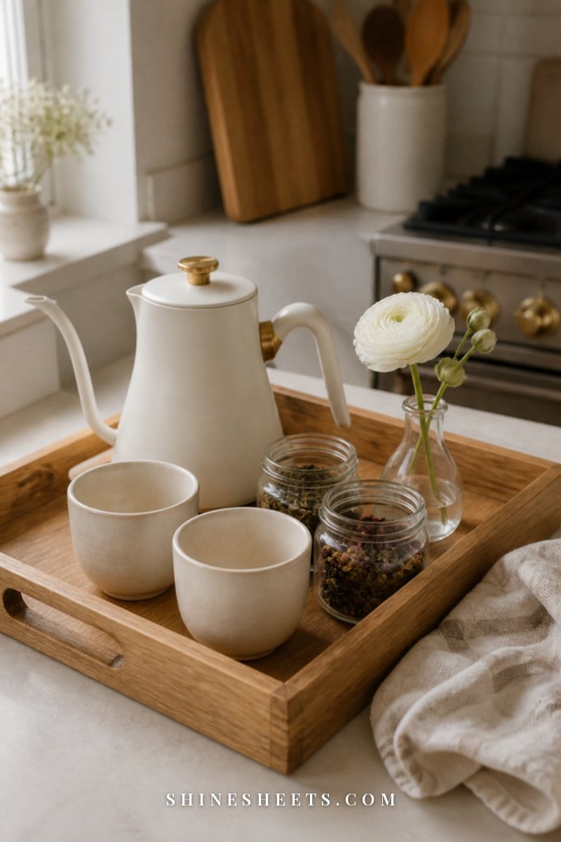 A tea tray with a cream teapot, two cups and a small notebook on a white bed with soft afternoon light