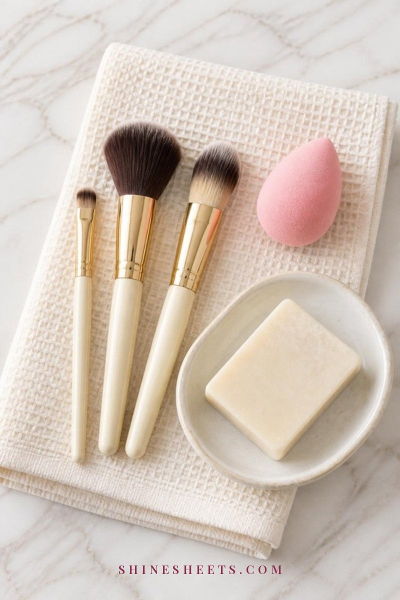 Clean makeup brushes and a pink makeup sponge drying on a cream towel beside a white ceramic dish of gentle soap