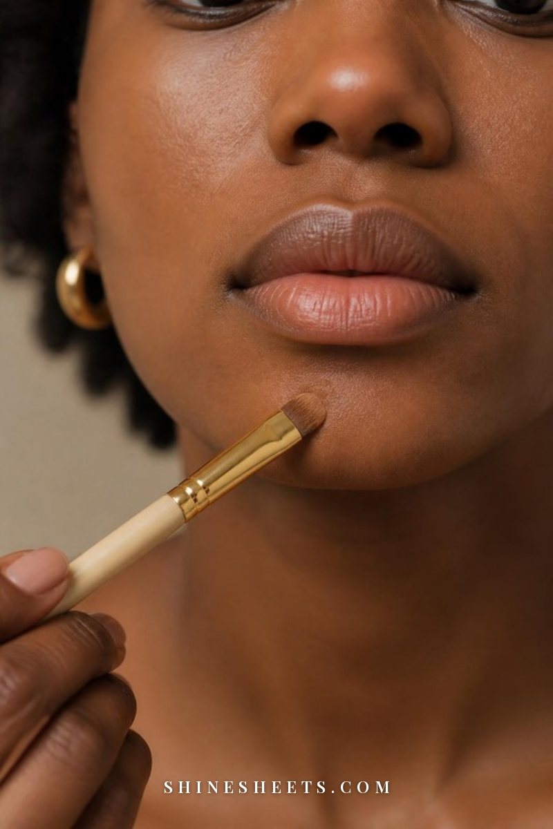 Close-up of a small flat synthetic concealer brush tapping concealer onto a single blemish on a woman's chin