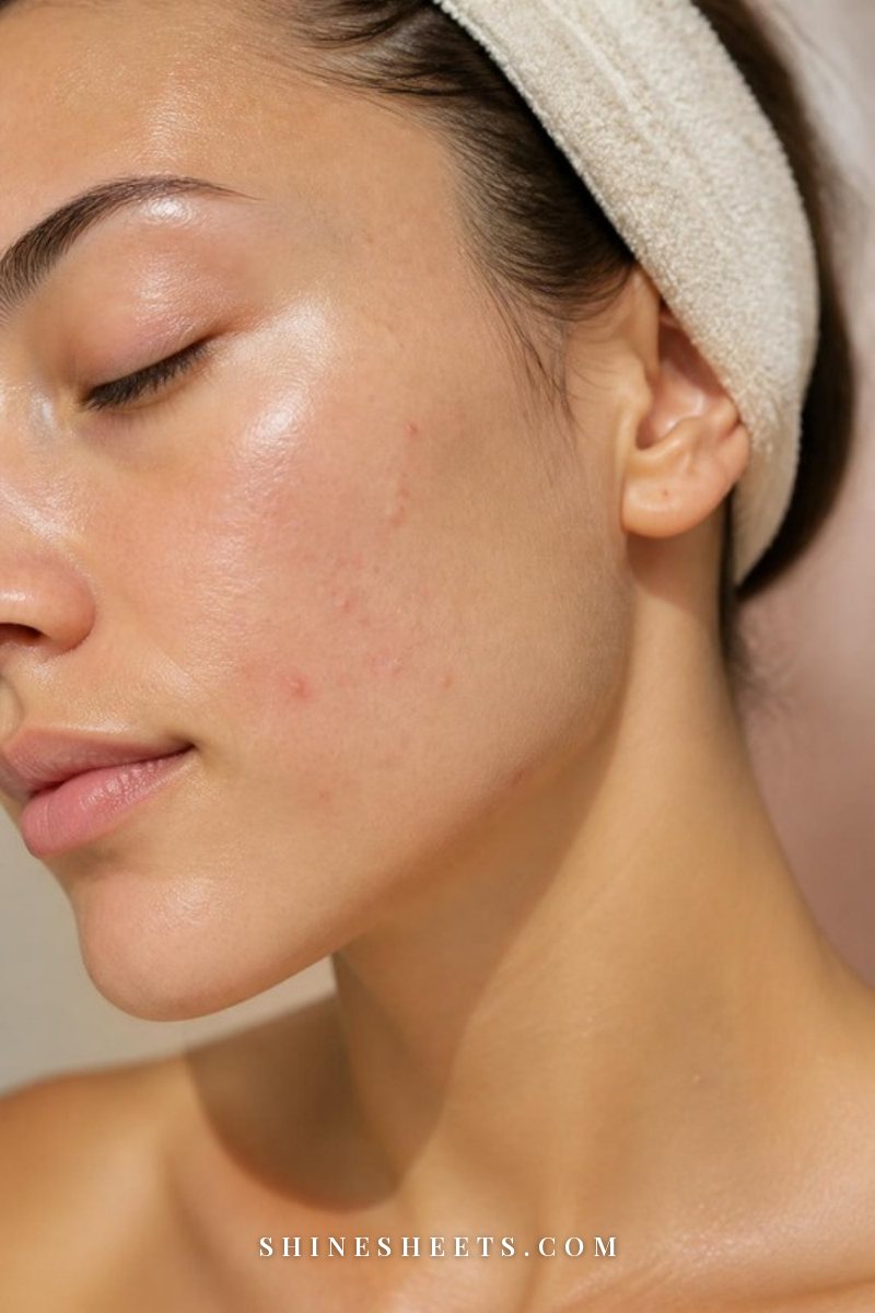 Close-up of a woman's cheek with a few small red spots and a sheer, freshly moisturized finish in soft natural light