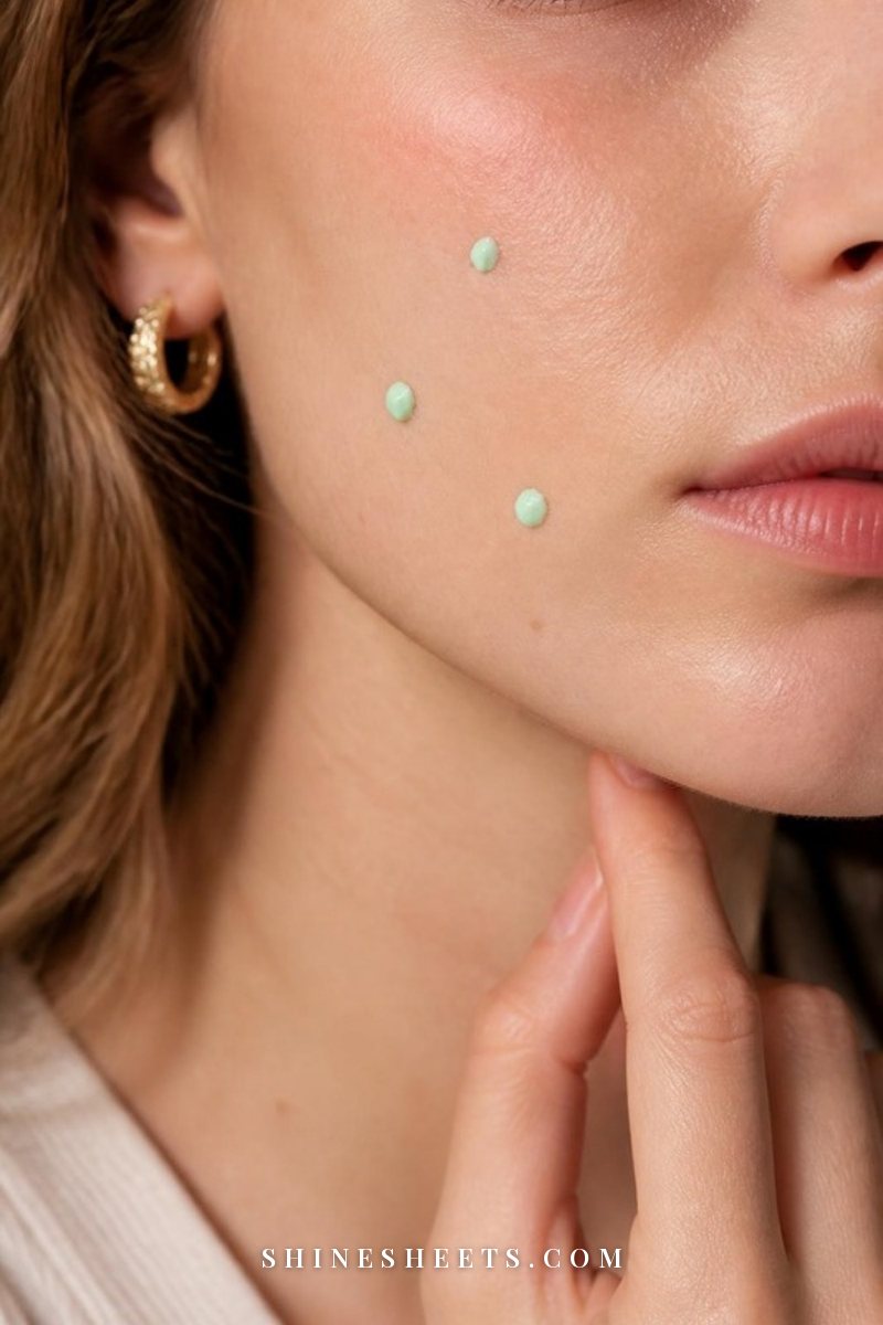 Close-up of a woman's cheek with tiny dots of soft mint green color corrector placed only on red blemishes