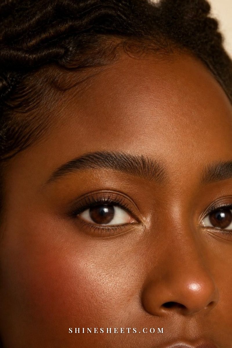 Close-up of a woman's bright, awake eyes with curled lashes, brown mascara and soft champagne shimmer in the inner corners