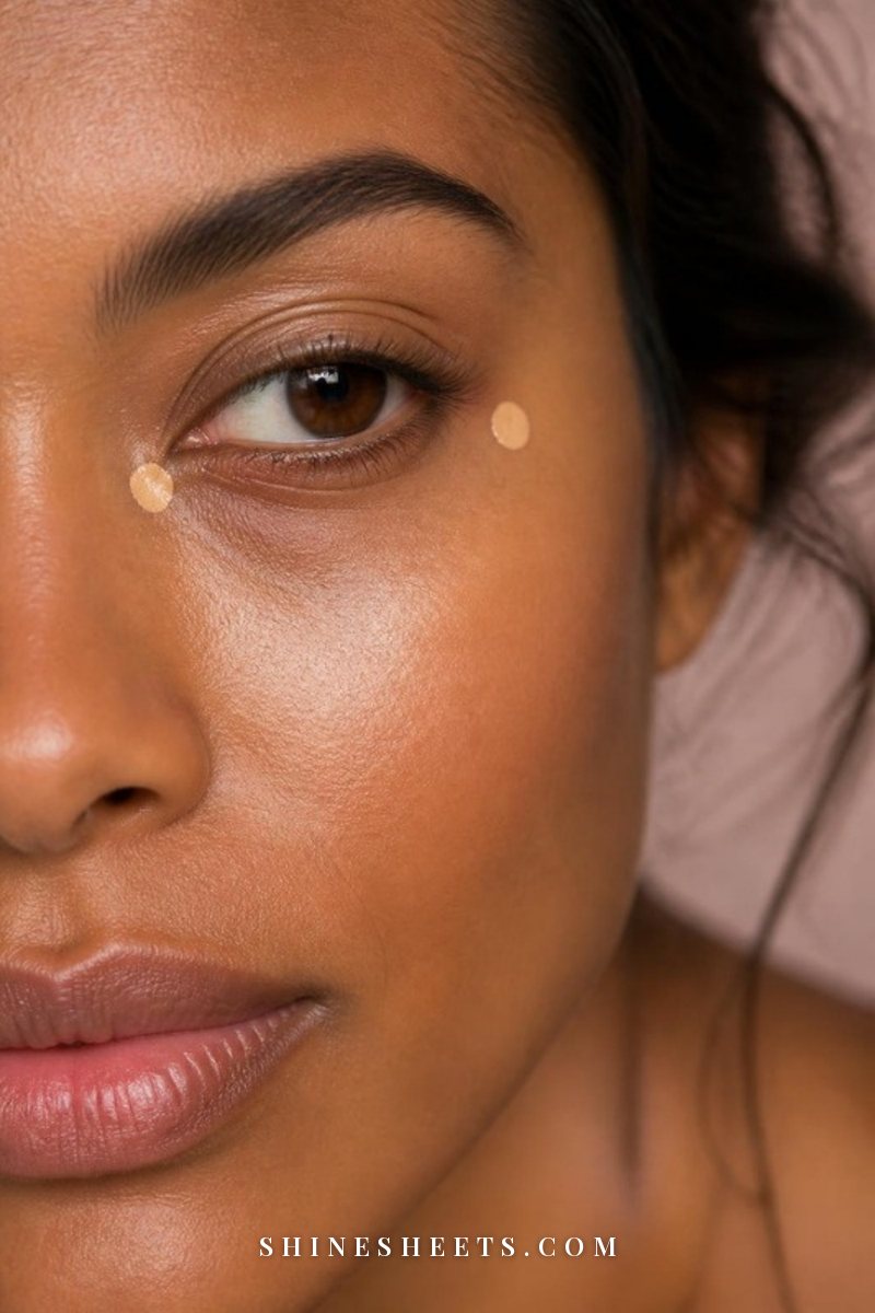 Close-up of a woman's face with two small dots of concealer, one at the inner corner and one at the outer corner of the eye