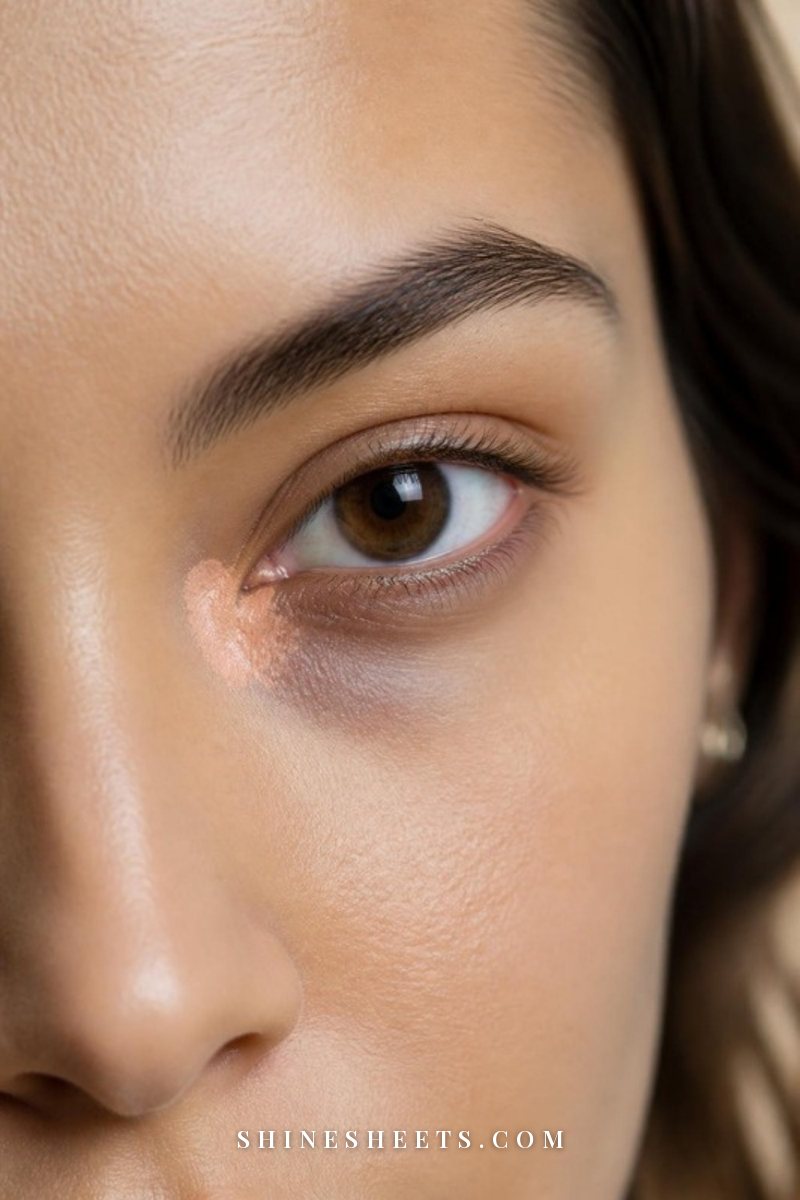 Close-up of a woman's under-eye with a tiny dab of peach corrector tapped into the inner corner