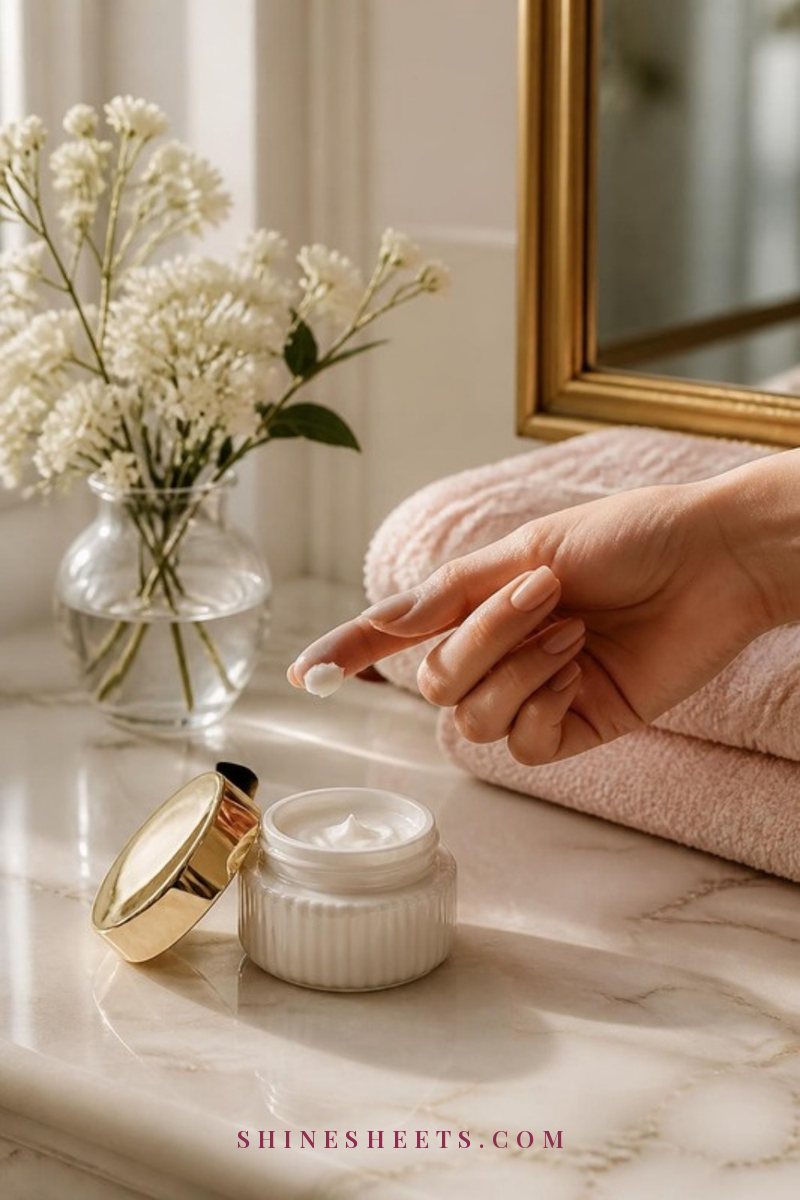 Cream eye cream jar, a dot of eye cream on a fingertip and a blush towel on a marble vanity