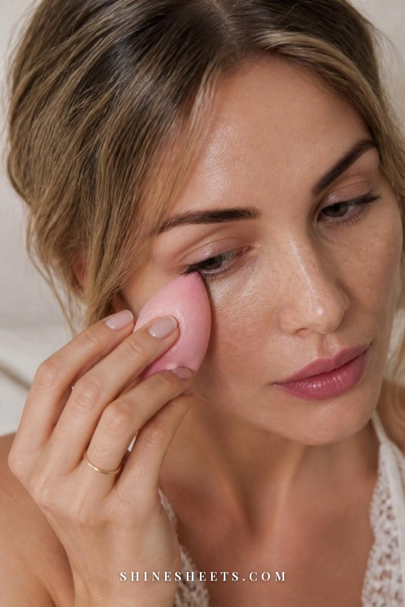 A woman pressing a damp blush pink makeup sponge gently under her eye to blend concealer