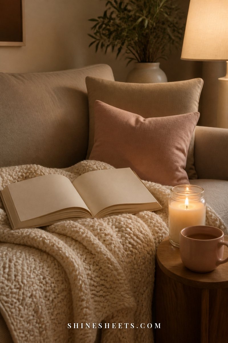 Cream knit throw blanket on a linen sofa with a lit glass candle, an open book and a cup of tea in warm evening light