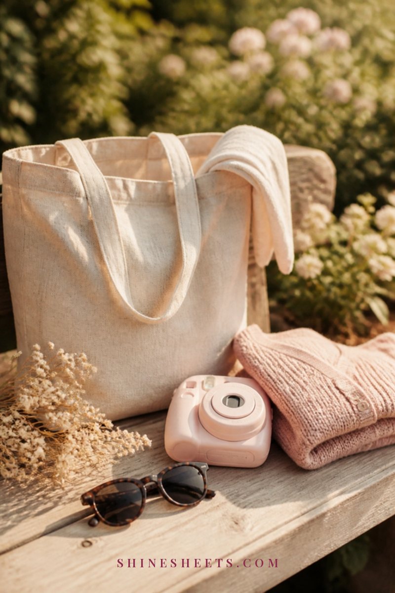 Cream linen tote bag with a pair of women's sunglasses, a pastel instant camera and a folded blush cardigan on a sunlit wooden bench