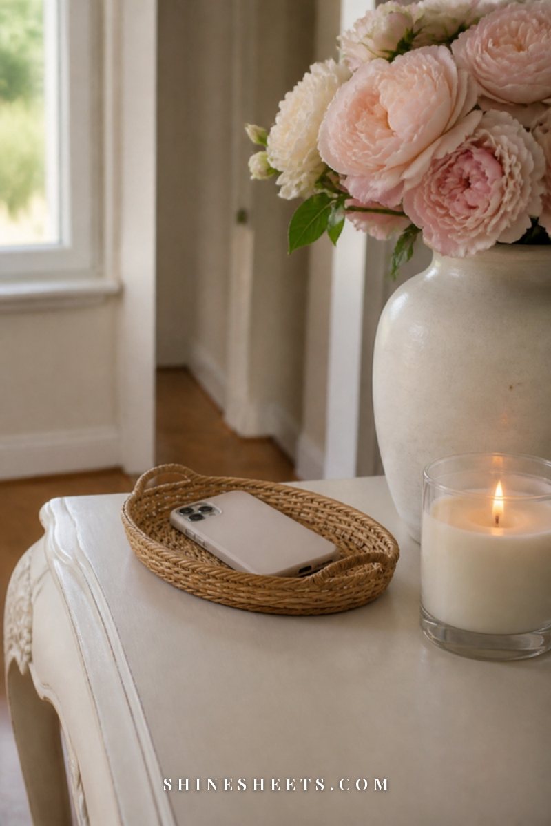 Phone lying face down in a small woven basket on a cream console table next to a glass candle and a vase of blush roses